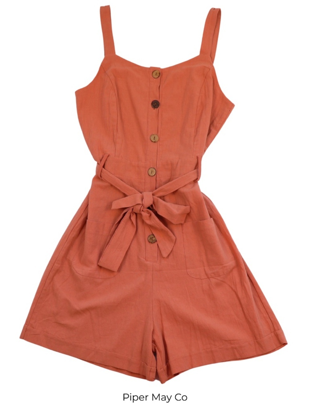 Pink Flare Burnt Orange Romper Tie Waist Pockets Medium